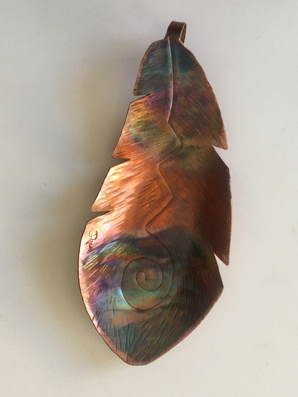 Etched Copper Leaf Pendant Rainbow Patina